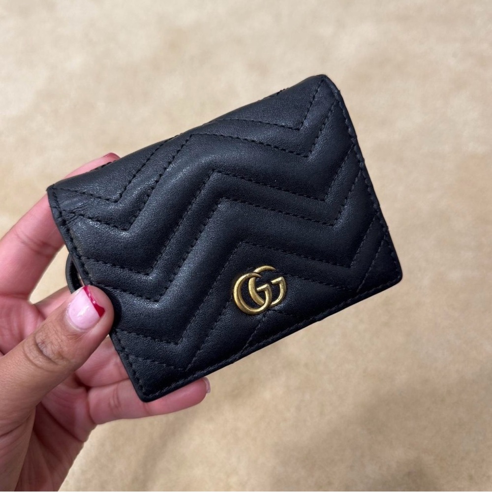 Gucci Black Chevron Wallet with Gold Logo
